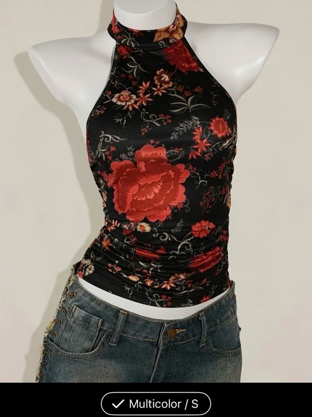 Women's Black Halter Tank Top with Red Floral Print - Picture 4 of 6